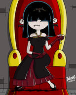 2018 aged_up alternate_outfit artist:julex93 beverage chair character:lucy_loud cup earrings fangs hand_on_thigh holding_object legs_crossed necklace smiling solo thick_thighs vampire wide_hips // 2000x2500 // 1.8MB