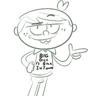 2016 artist:skeluigi character:lincoln_loud hand_on_hip pointing raised_eyebrow sketch solo text text_on_clothing // 500x500 // 17KB