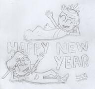 2022 artist:brrec987 character:lana_loud character:lola_loud eyes_closed lying new_year on_back pose sketch smiling text waving // 2179x2026 // 809KB