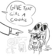 2017 artist:baryl au:thicc_verse background_character character:cookie_qt character:leni_loud character:thicc_qt dialogue hands_on_cheeks text // 576x601 // 130KB