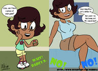 2020 aged_up artist:whimfu1 bed blanket character:darcy_helmandollar character:lisa_loud character:lori_loud cheek_bulge clothes_swap comic dark-skinned_female dialogue hand_on_cheek looking_at_viewer offscreen_character open_mouth sitting smiling solo text transformation // 1280x932 // 148KB