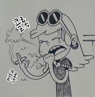 2016 artist:게르亡 black_and_white character:leni_loud cigarette dialogue korean smoke smoking solo tears text westaboo_art // 1252x1280 // 1.0MB