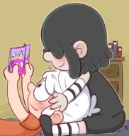 artist:casytay bed book character:lincoln_loud character:lucy_loud cuddling hand_on_head holding_object lying on_back reading sitting smiling // 760x800 // 371KB