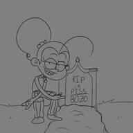 artist:sl0th character:luan_loud grave hand_gesture looking_at_viewer meme raised_eyebrow smiling solo squatting text // 1920x1920 // 392KB
