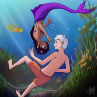 2021 artist:impery34 character:lincoln_loud character:ronnie_anne_santiago flower looking_at_another mermaid monster_girl ronniecoln smiling underwater // 2000x2000 // 395KB