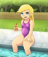artist:akemi_mike character:lola_loud hand_on_thigh holding_object looking_at_viewer one_piece_swimsuit pool sitting solo swimsuit thick_thighs water // 1750x2050 // 277KB