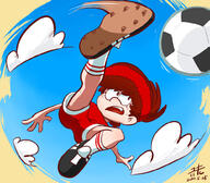 2020 artist:brushfiredefeat ball character:lynn_loud cloud jumping kicking looking_to_the_side open_mouth soccer soccer_ball solo sports sweatband westaboo_art // 1000x875 // 610KB
