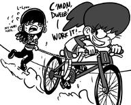 2017 artist:hotdog bike black_and_white character:lucy_loud character:lynn_loud dialogue exercise looking_back open_mouth rope running smiling sweat text // 900x720 // 146KB