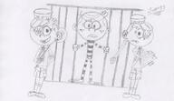 2017 alternate_hairstyle alternate_outfit artist:julex93 character:lana_loud character:lincoln_loud character:lola_loud frowning hand_behind_back holding_object looking_at_viewer prison prison_uniform sketch smiling // 850x492 // 103KB