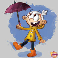 2023 alternate_outfit artist:xsunnyeclipse boots character:lincoln_loud holding_object looking_up open_mouth raincoat smiling solo umbrella // 1024x1024 // 143KB