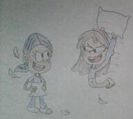 artist:christi7186463 character:ronnie_anne_santiago character:sid_chang holding_object jumping looking_at_another pajamas pillow pillow_fight smiling tagme // 800x720 // 147KB
