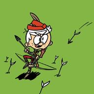 alternate_outfit arrow artist:zimbono bow character:lincoln_loud holding_object holding_weapon robin_hood smiling solo // 1050x1050 // 151KB