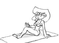 2022 artist:jackieposter barefoot bikini blushing character:lori_loud cleavage feet half-closed_eyes hand_support holding_object looking_at_viewer midriff sitting smiling solo swimsuit towel two_piece_swimsuit // 1650x1200 // 97KB