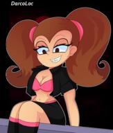 2021 alternate_hairstyle alternate_outfit artist:darco_loc big_breasts character:luan_loud cleavage half-closed_eyes looking_down midriff pigtails sitting smiling solo tagme // 824x969 // 418KB