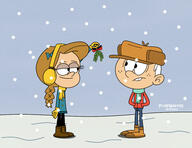 2021 artist:fivefreddy05 character:girl_jordan character:lincoln_loud earmuffs half-closed_eyes hat holding_object jordancoln looking_at_another mistletoe scarf smiling snow winter_clothes // 1920x1477 // 352KB