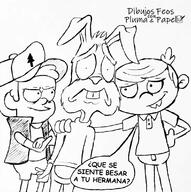 2022 arms_crossed artist:dibujosmuyfeos character:buster_bunny character:dipper_pines character:lincoln_loud crossover dialogue frowning gravity_falls grin hand_on_hip hand_on_shoulder looking_at_viewer smiling spanish text tiny_toon_adventures tiny_toons_looniversity // 1121x1125 // 176KB