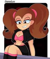 2021 aged_up alternate_hairstyle alternate_outfit artist:darco_loc character:luan_loud cleavage half-closed_eyes looking_down midriff pigtails sitting smiling solo // 1897x2229 // 259KB