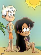 2023 aged_up artist:bryon1402 beach bikini character:lincoln_loud character:ronnie_anne_santiago looking_at_another palm_tree ronniecoln sitting sun swimsuit water // 1220x1610 // 129KB