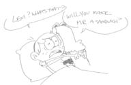 2016 artist:drawfriend character:leni_loud character:lincoln_loud dialogue gun hugging in_bed shocked sketch text // 739x480 // 70KB
