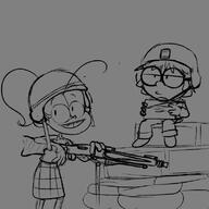 2022 artist:sl0th character:lisa_loud character:luan_loud gun helmet holding_gun holding_object holding_weapon looking_at_viewer military smiling // 800x800 // 203KB