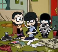 2017 alternate_hairstyle alternate_outfit artist:bunnyabsentia artist:coyoterom character:edwin character:luan_loud character:lucy_loud character:maggie collaboration dyed_hair face_paint goth multiple_artists on_knees sitting text // 2881x2600 // 6.2MB