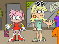 2018 artist:jake-zubrod character:amy_rose character:leni_loud crossover looking_at_another raised_eyebrow sonic_the_hedgehog // 1024x768 // 210KB
