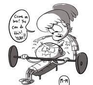 2016 alternate_outfit artist:m-m black_and_white character:lincoln_loud character:lynn_loud cheek_bulge dialogue exercise frowning holding_object looking_down lying open_mouth smiling sportswear sweat text weights workout // 2580x2370 // 615KB
