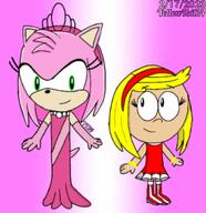 2023 alternate_outfit artist:yellowtail24 character:amy_rose character:lola_loud clothes_swap crossover looking_to_the_side smiling sonic_the_hedgehog // 720x744 // 70KB