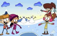 2022 artist:ifung969 character:lincoln_loud character:luan_loud character:lynn_loud character:ronnie_anne_santiago looking_at_another smiling snow snowman winter_clothes // 1500x950 // 151KB