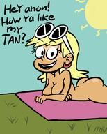 2016 artist:goodnightmistermonster character:leni_loud dialogue grass looking_at_viewer nude open_mouth smiling solo sun talking_to_viewer tan tan_skin tanline towel // 646x807 // 160KB