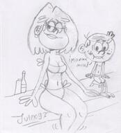 2016 artist:julex93 bikini blushing bottle character:lincoln_loud character:rita_loud dialogue feet half-closed_eyes looking_to_the_side nipples ritacoln sitting sketch smiling swimsuit text thick_thighs wide_hips // 452x499 // 62KB