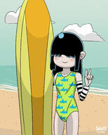 2020 alternate_outfit artist:julex93 beach blushing character:lucy_loud cloud hand_gesture one_piece_swimsuit peace_sign smiling solo surfboard swimsuit water // 2000x2500 // 411KB