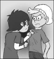 2016 artist:lioxdz background_character character:bratty_kid character:chandler_mccann fist frowning greyscale looking_at_another shirt_pull // 852x927 // 252KB