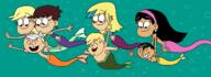 2023 artist:syfyman2xxx character:jackie character:leni_loud character:lincoln_loud character:luna_loud character:sam_sharp character:sebastian character:simon_sharp eyes_closed group holding_arms looking_down mermaid midriff nipples open_mouth smiling swimming topless underwater water // 1870x684 // 103KB
