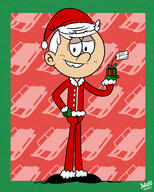 2017 alternate_outfit artist:julex93 character:lincoln_loud christmas christmas_outfit gift half-closed_eyes hand_on_hip holding_object looking_at_viewer santa_hat santa_outfit simple_background smiling solo text // 2000x2500 // 452KB