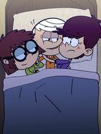 2021 alternate_outfit arm_around_back arm_support artist:stikyfinkaz bed blanket blushing character:lincoln_loud character:lisa_loud character:luna_loud fanfiction:platz_eins half-closed_eyes hand_on_back hand_support looking_at_another looking_to_the_side lying on_back on_side pajamas pillow sleepwear smiling // 1440x1920 // 210KB