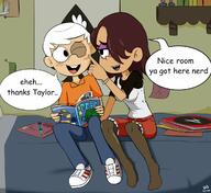 2023 artist:extricorez bed blushing character:lincoln_loud character:taylor comics commission interracial looking_at_another poster sitting sweat taylorcoln // 1200x1100 // 150KB