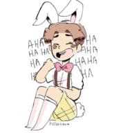 2017 animal_ears animal_tail artist:hellcakes blushing bunny_ears bunny_tail character:lane_loud eyes_closed genderswap open_mouth sitting smiling solo text // 1272x1280 // 628KB