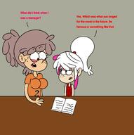 2nd_gen_sinkids aged_up artist:nicksfa book character:lacy_loud character:leda_loud comic dialogue lacycoln looking_at_another ocs_only original_character sin_kids super_abomination // 1292x1302 // 327KB
