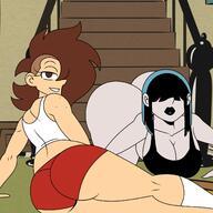 aged_up alternate_hairstyle alternate_outfit artist:chillguydraws ass au:thicc_verse big_ass big_breasts bottomless character:lucy_loud character:lynn_loud edit freckles gym_clothes gym_shorts living_room smiling thick_thighs wide_hips // 1500x1500 // 253KB