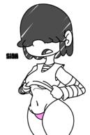 2022 artist:juicyunknown character:lucy_loud dialogue dress_lift midriff open_mouth panties shirt_lift solo text thick_thighs underboob underwear wide_hips // 873x1300 // 157KB