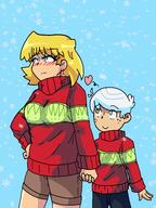 2022 alternate_outfit artist:mr_nobody blushing character:lincoln_loud character:lori_loud hand_holding hand_on_hip heart looking_away looking_up loricoln smiling snow sweater winter_clothes // 3072x4096 // 886KB