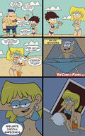 arms_crossed artist:monocromia beach big_breasts bikini character:chunk character:lincoln_loud character:lori_loud character:luna_loud comic freckles loricoln lunacoln size_difference spanish sweat swimsuit tagme // 1280x2048 // 444KB
