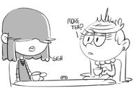 2018 4chan artist:eme beverage character:lola_loud character:lucy_loud dialogue holding_object looking_at_another sitting tea_party // 1009x671 // 194KB