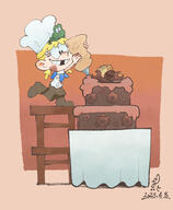2023 alternate_outfit artist:brushfiredefeat baking birthday cake character:hops character:lana_loud chef_hat cooking holding_object icing raised_leg smiling stool westaboo_art // 720x875 // 524KB