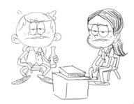 2016 alcohol alternate_outfit artist:drawfriend character:lincoln_loud character:ronnie_anne_santiago frowning holding_beverage sitting sketch // 486x378 // 69KB