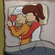 bed character:lincoln_loud character:lynn_loud eyes_closed holding_object hugging lying lynncoln pillow plush smiling // 1772x1781 // 238KB