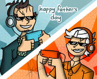 2021 artist:saltylikechips character:lincoln_loud character:lynn_loud_sr father's_day game_controller headphones holding_object holiday smiling sunglasses text // 1100x900 // 103KB