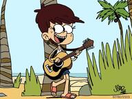 2023 alternate_outfit Artist:the_loudest_artist beach character:luna_loud guitar holding_object instrument looking_to_the_side palm_tree sandals smiling solo // 1024x768 // 117KB