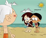 artist:mutedbadger beach bikini character:lincoln_loud character:ronnie_anne_santiago character:sid_chang swimsuit // 1024x855 // 100KB